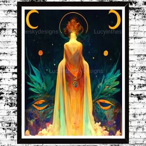 Art Print Goddess Moon Universe Vintage Paint Print Wall Decor Wisdom Sophia